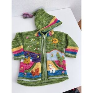 Kids Girl Arpillera Handmade Peruvian Zip Sweater Multicolor Hooded Sz 4